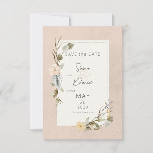 Save The Date Boho séché Floral Frame Blush Mariage (Devant)