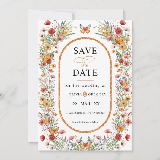 Save The Date Boho Spring Fleurs sauvages papillons Enregistrer (Devant)