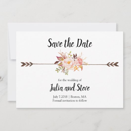 Save The Date Boho Style Elegant Aquarelle Fleurs Mariage (Devant)