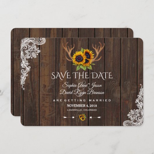 Save The Date Boho Sunflowers Antlers Bois Mariage Enregistrer L (Devant / Derrière)
