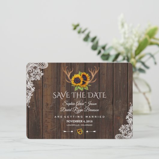 Save The Date Boho Sunflowers Antlers Bois Mariage Enregistrer L (Debout devant)