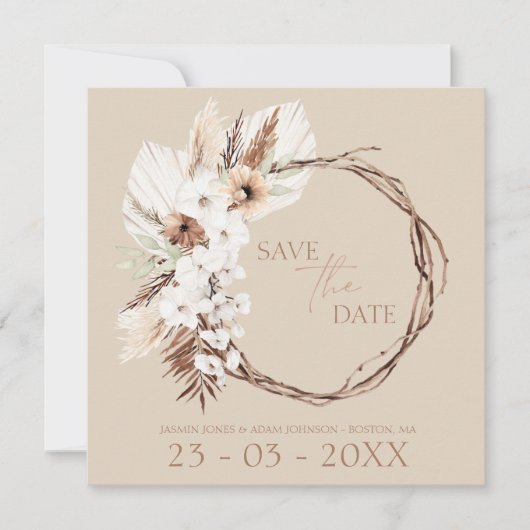 Save The Date Boho Terracotta Beige séché Floral Mariage Wreath (Devant)