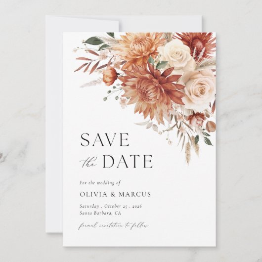 Save The Date Boho Terracotta Dahlia Rose Floral Élégant Mariage (Devant)