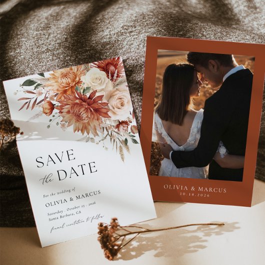 Save The Date Boho Terracotta Dahlia Rose Floral Élégant Mariage