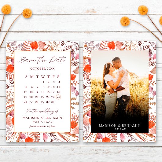 Save The Date Boho Terracotta Fleur sauvage Calendrier du Mariag