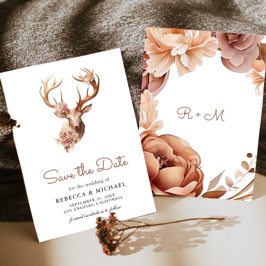 Save The Date Boho Terracotta Floral Deer Wedding