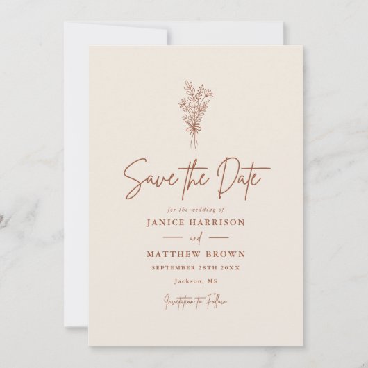 Save The Date Boho Terracotta Orange Brûlé Mariage Rustique (Devant)
