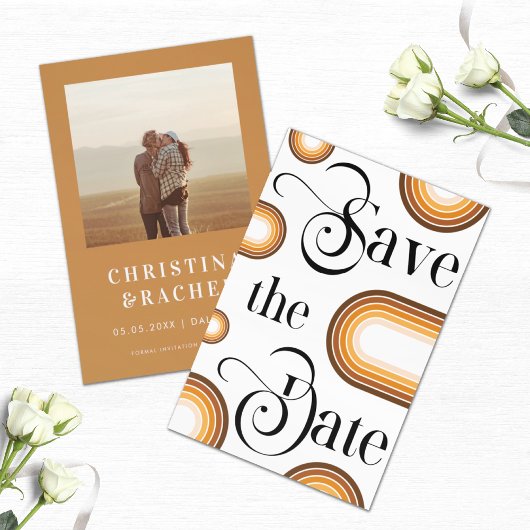 Save The Date Boho Terracotta Rainbow Retro Script Mariage photo