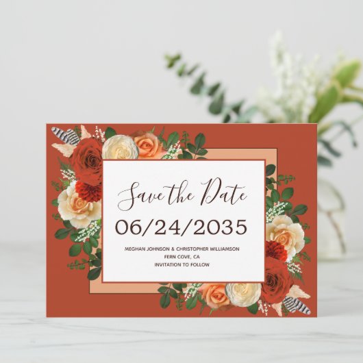 Save The Date Boho Terracotta rouille Floral Pampas Mariage en h (Debout devant)