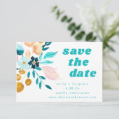 Save The Date Boho Turquoise bleu et or aquarelle Mariage floral (Debout devant)