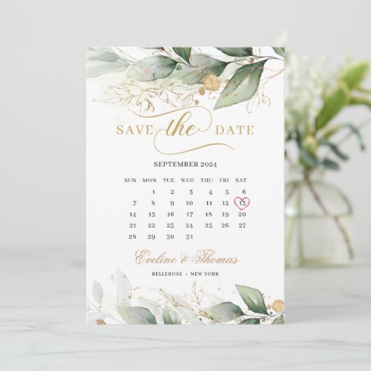 Save The Date Boho vert eucalyptus et or feuille mariage s (Debout devant)