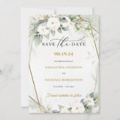 Save The Date Boho Vert eucalyptus fleurs de roses blanches (Devant)