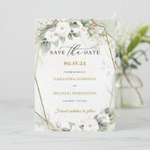 Save The Date Boho Vert eucalyptus fleurs de roses blanches (Debout devant)