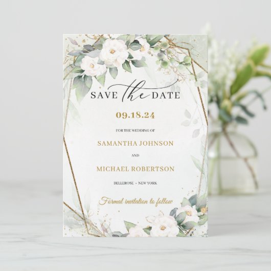 Save The Date Boho Vert eucalyptus fleurs de roses blanches (Debout devant)