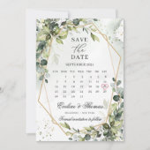 Save The Date Boho vert feuillage or cadre mois calendrier (Devant)