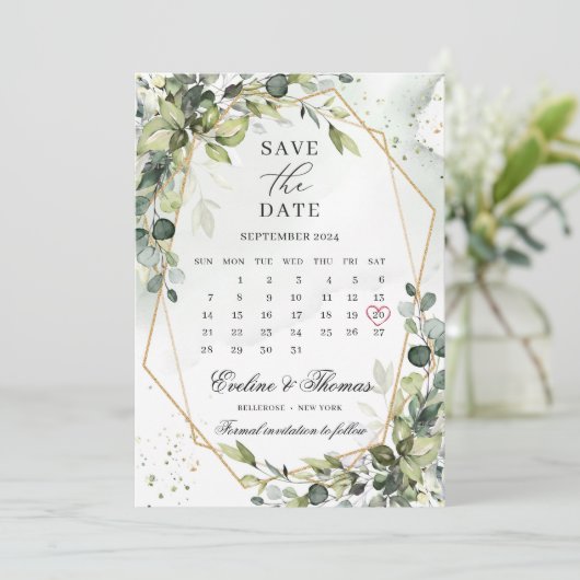 Save The Date Boho vert feuillage or cadre mois calendrier (Debout devant)