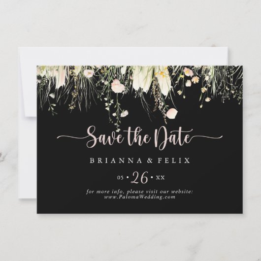 Save The Date Boho vert Fleur sauvage noir Mariage horizontal (Devant)