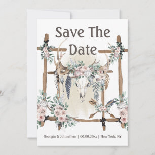 Save The Date Boho vert rose pâle bois bois laine tribale plume 