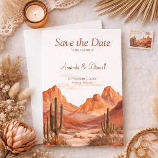 Save The Date Boho Watercolor Desert Mountain Red Rock Wedding 