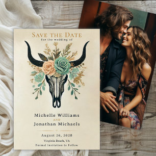 Save The Date Boho Western Floral Bull Cow Skull Mariage Photo