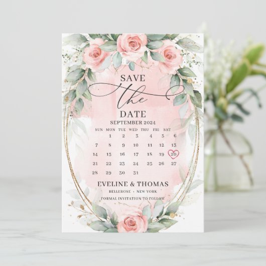 Save The Date Boho Whimsical rose poussiéreux roses et eucalyptu (Debout devant)