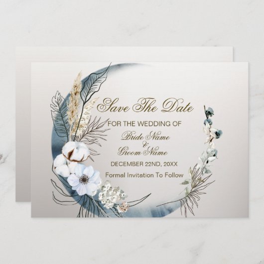 Save The Date Boho White Orchidée Fleurs Blue Moon Elegant Party (Devant / Derrière)