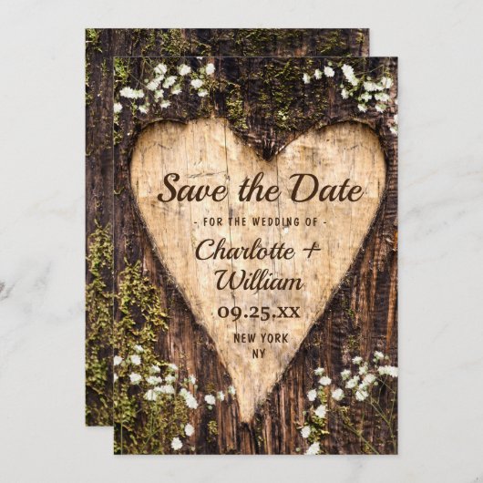 Save The Date Bois Barque Coeur Bébé Respiration Mariage Enregis (Devant / Derrière)