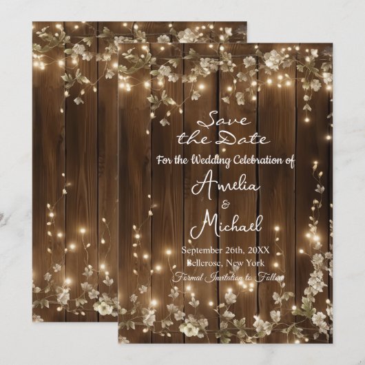 Save The Date Bois Chaîne rustique Lumières Floral blanc (Devant / Derrière)