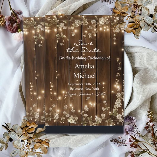 Save The Date Bois Chaîne rustique Lumières Floral blanc