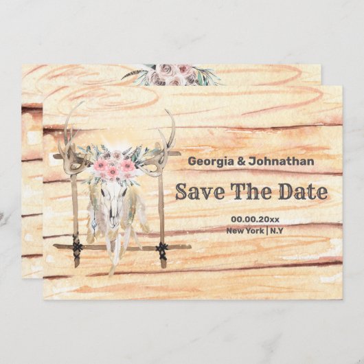 Save The Date Bois de cerf bohème rose vert plumes tribales Sau (Devant / Derrière)