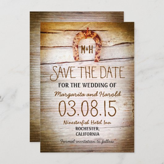 Save The Date bois de fer à cheval rustique enregistrer les cart (Devant / Derrière)