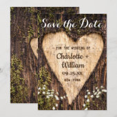 Save The Date Bois écorce Bébé Coeur respiratoire Mariage rustiq (Devant / Derrière)