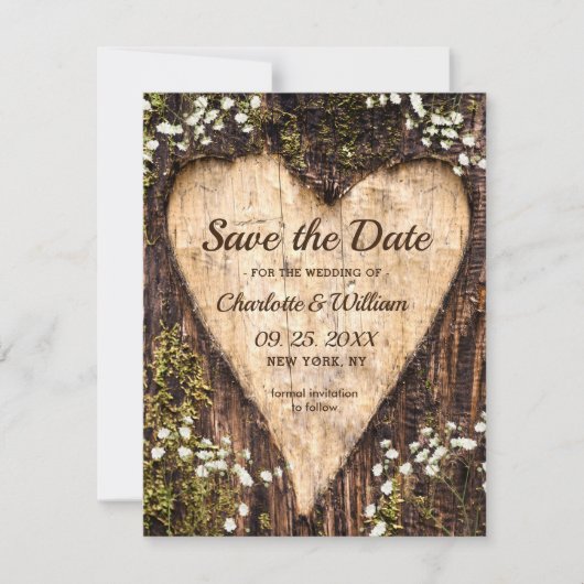 Save The Date Bois écorce Bébé Coeur respiratoire Mariage rustiq (Devant)