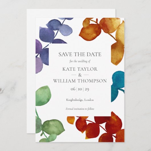 Save The Date Bois Eucalyptus Feuille Floral Enregistrer La Date (Devant / Derrière)