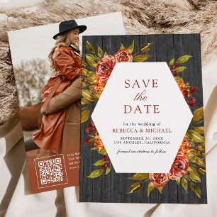 Save The Date Bois gris brûlé Orange Floral Mariage de automne d