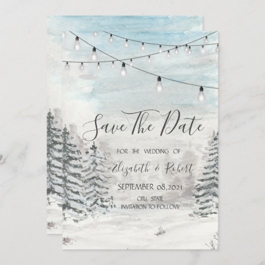 Save The Date Bois, Neige, Forêt Éclairage À Chaînes Enregistrer (Devant / Derrière)