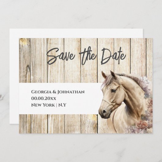 Save The Date Bois rustique aquarelle cheval campagne grange (Devant / Derrière)