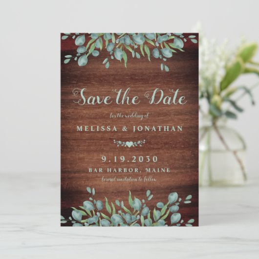 Save The Date Bois rustique Aquarelle Eucalyptus Mariage vert (Debout devant)