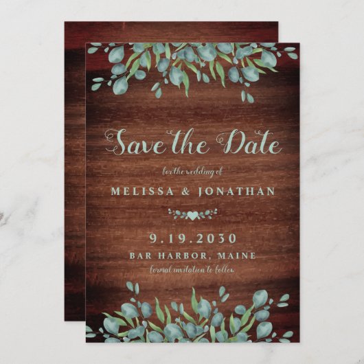 Save The Date Bois rustique Aquarelle Eucalyptus Mariage vert (Devant / Derrière)