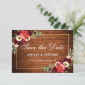Save The Date Bois Rustique Bourgogne Floral Boho Enregistrer La (Debout devant)