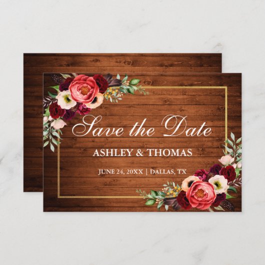 Save The Date Bois Rustique Bourgogne Floral Boho Enregistrer La (Devant / Derrière)