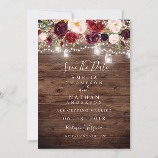 Save The Date Bois Rustique Bourgogne Lumières Florales Enregist (Devant)