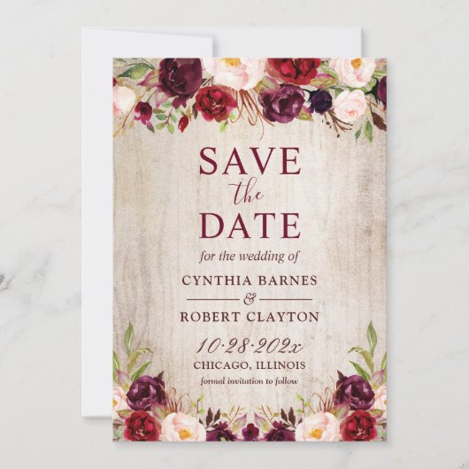 Save The Date Bois rustique Bourgogne Rouge Floral Mariage (Devant)