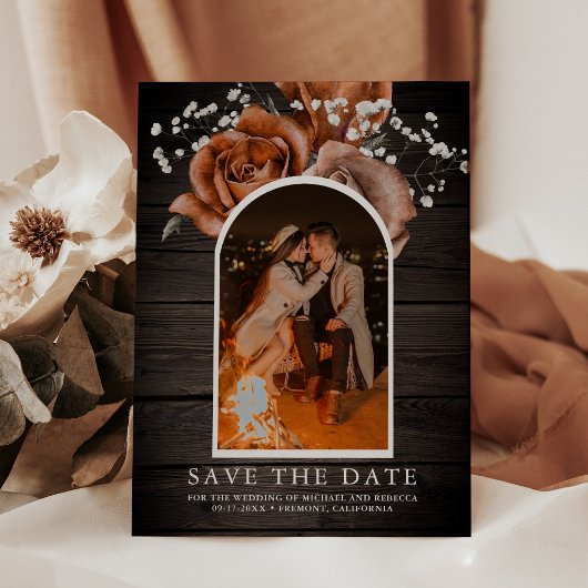 Save The Date Bois rustique brûlé Rose orange Mariage en terre c