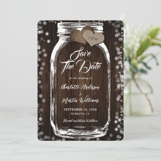 Save The Date Bois rustique Burlap Coeurs Mason Jar Mariage (Debout devant)