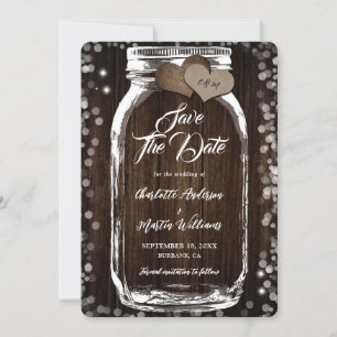 Save The Date Bois rustique Burlap Coeurs Mason Jar Mariage