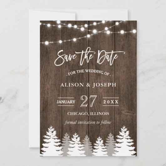 Save The Date Bois rustique Chaîne Lumière Pine Tree Enregistrer (Devant)