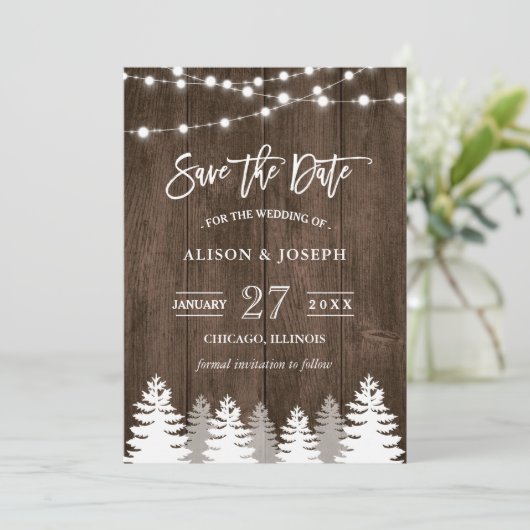 Save The Date Bois rustique Chaîne Lumière Pine Tree Enregistrer (Debout devant)