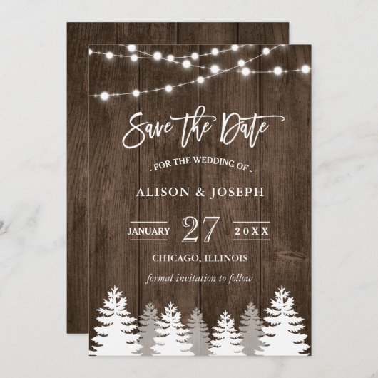 Save The Date Bois rustique Chaîne Lumière Pine Tree Enregistrer (Devant / Derrière)