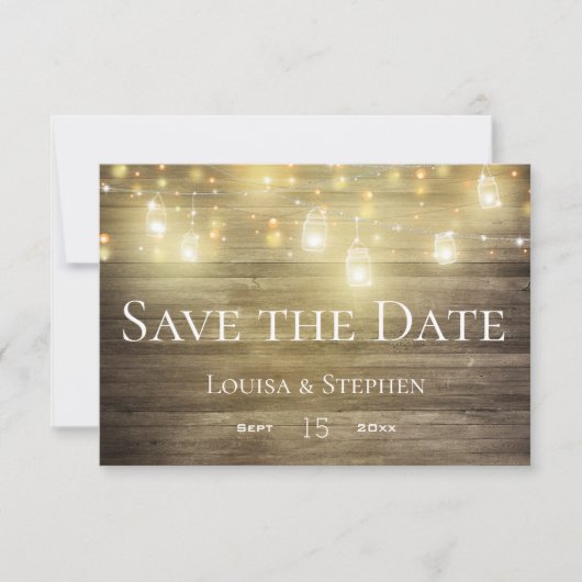 Save The Date Bois rustique et lumières Mason Jar Enregistrer la (Devant)